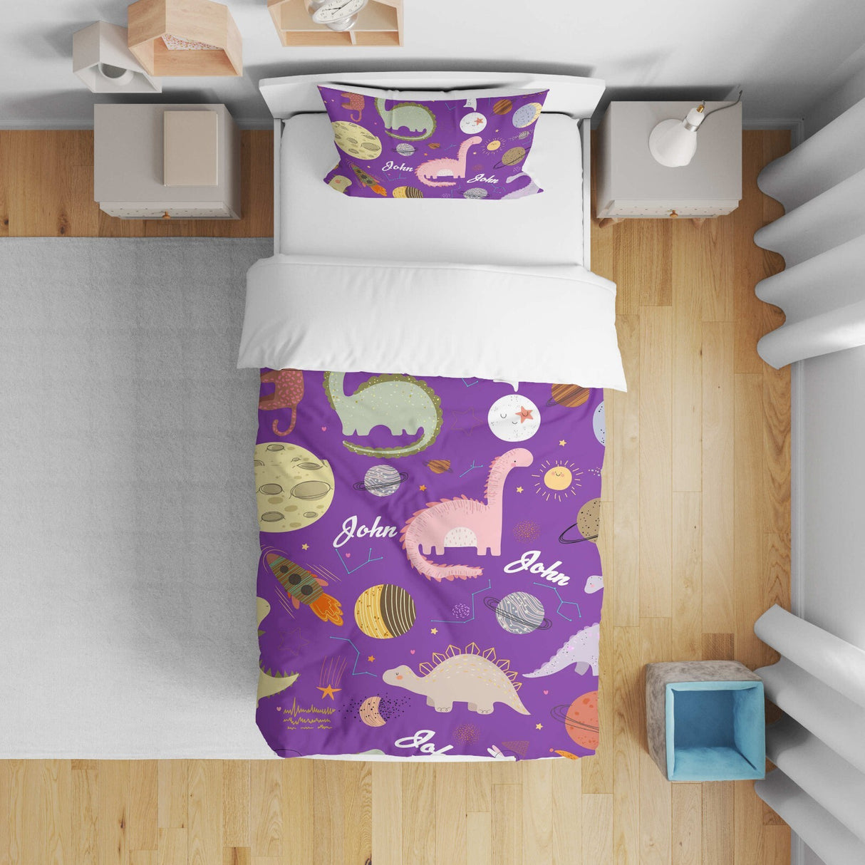 Personalised Name Cartoon Baby Dinosaur Kids Cot Bed Duvet Cover + Pillowcase