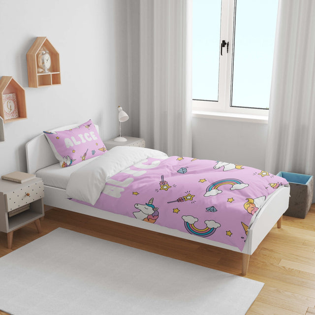 Personalised Custom Name Unicorn Ice Cream Kids Cot Bed Duvet Cover + Pillowcase
