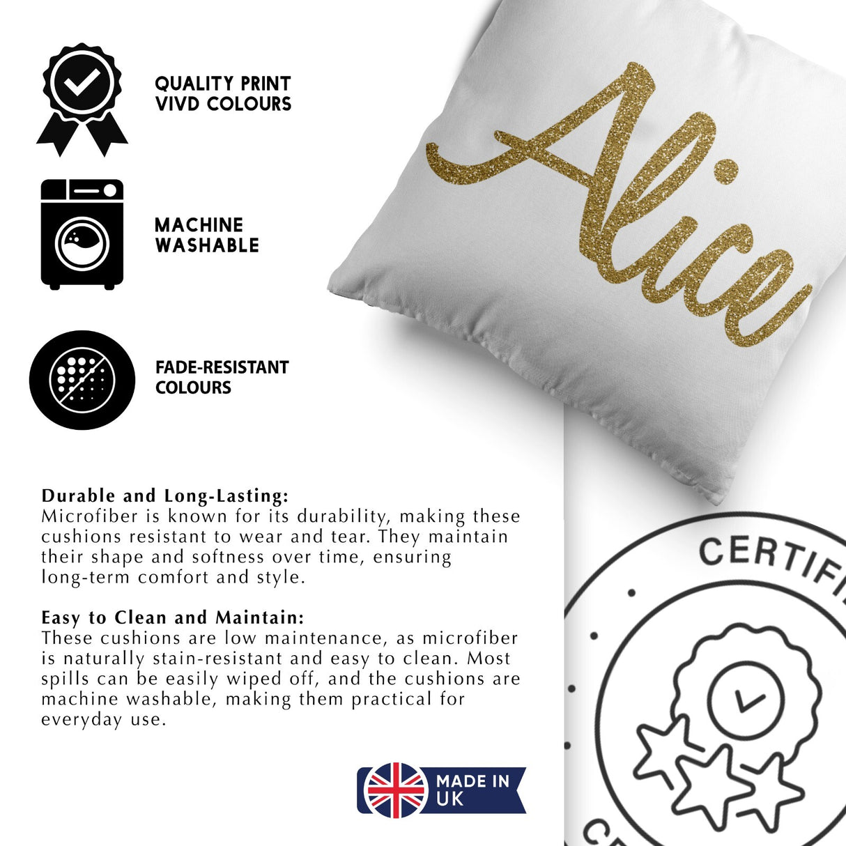 Personalised Name Gold Glitter Font Print Soft Square Filled Cushion Throw Decor