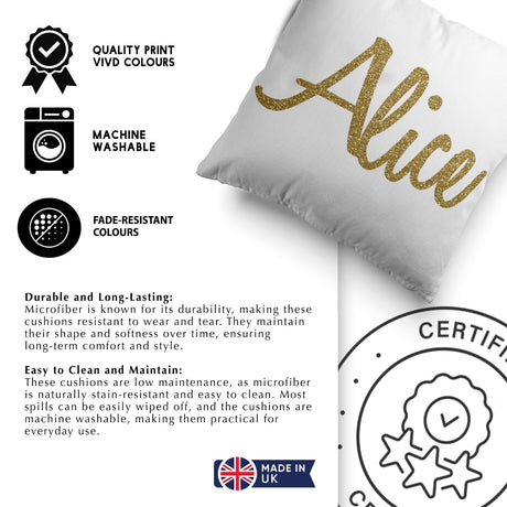 Personalised Name Gold Glitter Font Print Soft Square Filled Cushion Throw Decor