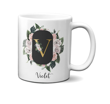 Personalised Floral Frame Gold Floral Name Initial Letter Mug Gift 11oz Ceramic