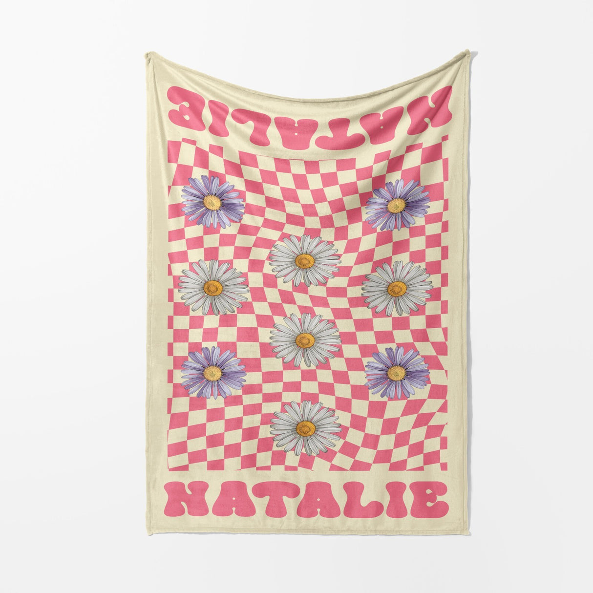 Personalised Custom Name Colour Retro Daisy Check Soft Warm Fleece Blanket Decor