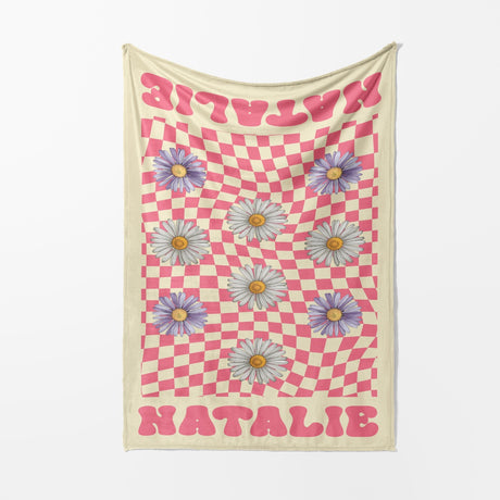 Personalised Custom Name Colour Retro Daisy Check Soft Warm Fleece Blanket Decor