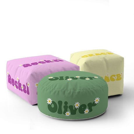 Personalised Custom Name Groovy Daisy Font Ottoman Filled Pouffe Washable Cover
