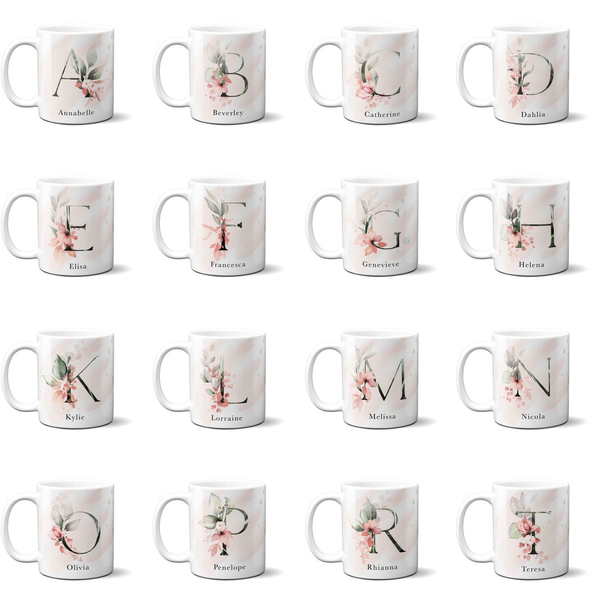 Gentle Touch Blush Pink Design Name Initial Letter Coffee Mug Gift 11oz Ceramic