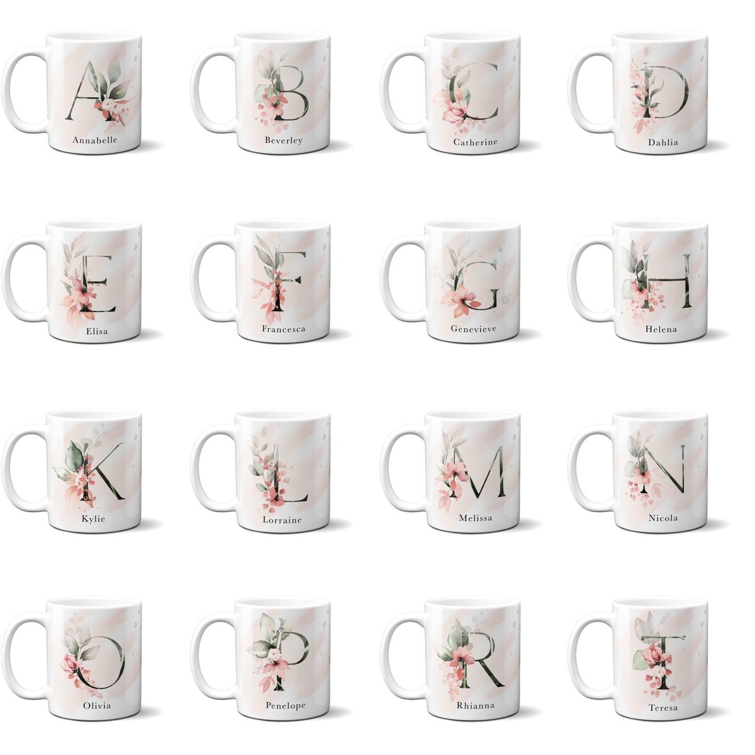Gentle Touch Blush Pink Design Name Initial Letter Coffee Mug Gift 11oz Ceramic