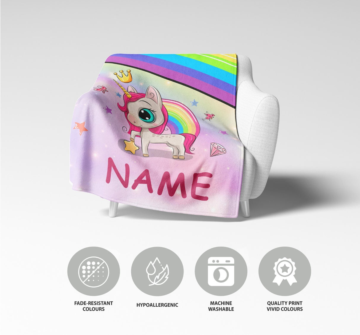 Personalised Name Unicorn Rainbow Mythical Soft Warm Fleece Blanket Decoration