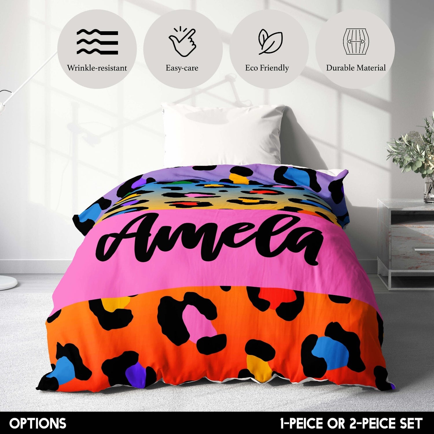 Personalised Name Leopard Spots Multicolour Single Bed Duvet Cover + Pillowcase