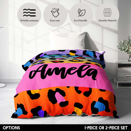 Personalised Name Leopard Spots Multicolour Single Bed Duvet Cover + Pillowcase