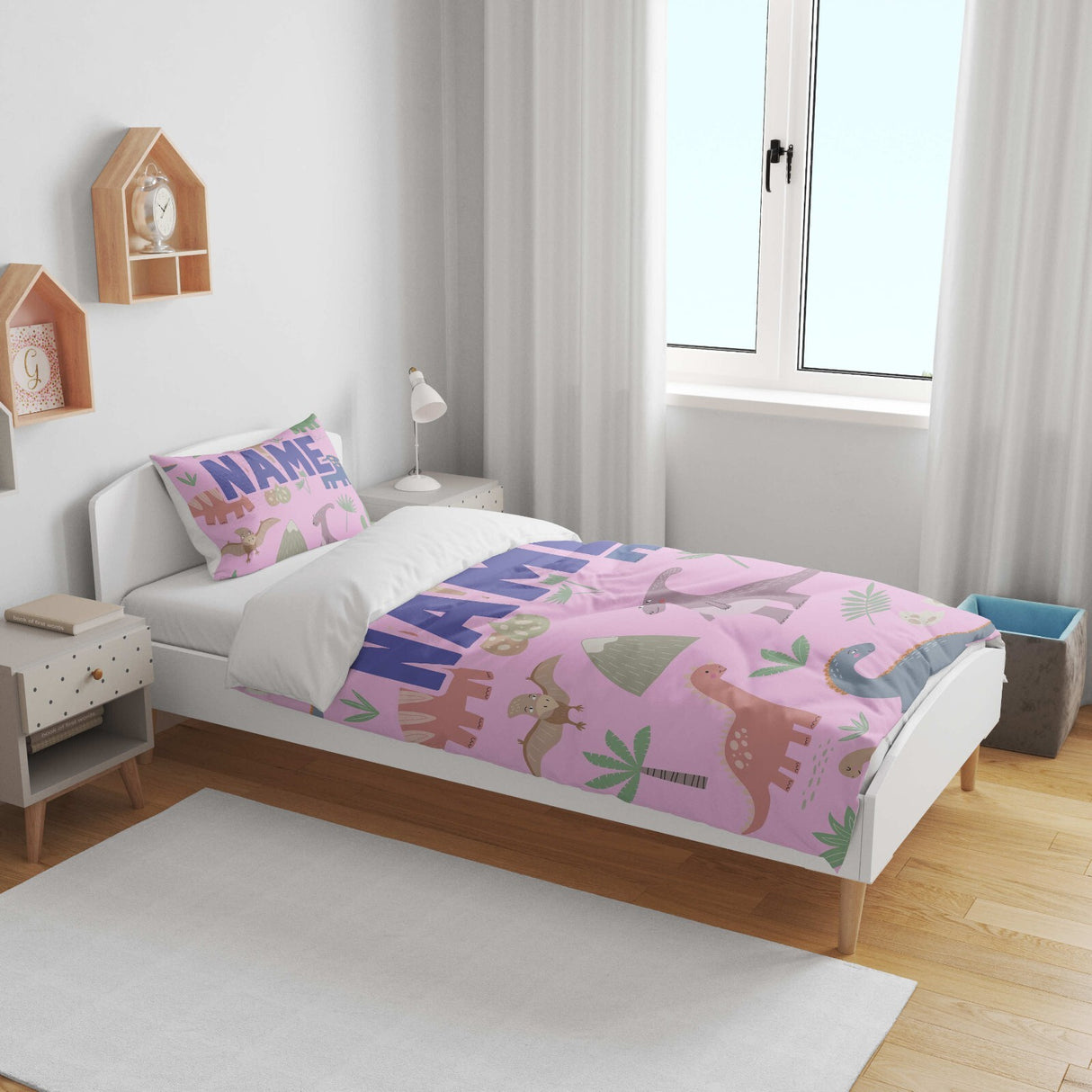 Personalised Custom Name Dinosaurs Clip Art Kid Cot Bed Duvet Cover + Pillowcase