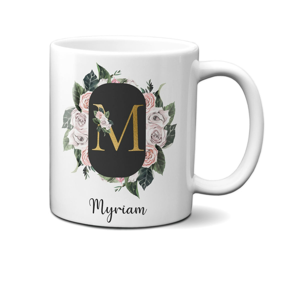 Personalised Floral Frame Gold Floral Name Initial Letter Mug Gift 11oz Ceramic