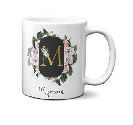 Personalised Floral Frame Gold Floral Name Initial Letter Mug Gift 11oz Ceramic