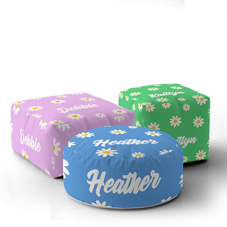 Personalised Custom Name Floral Daisies Ottoman Filled Pouffe Inc Washable Cover