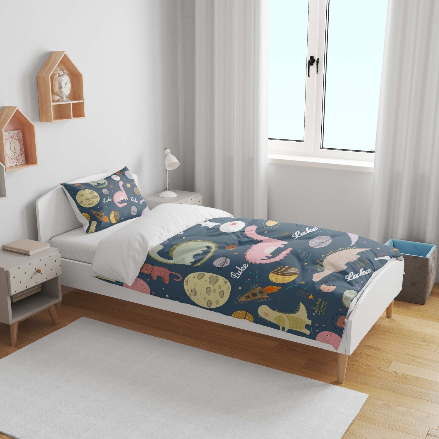 Personalised Name Cartoon Baby Dinosaur Kids Cot Bed Duvet Cover + Pillowcase