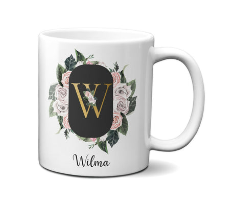 Personalised Floral Frame Gold Floral Name Initial Letter Mug Gift 11oz Ceramic