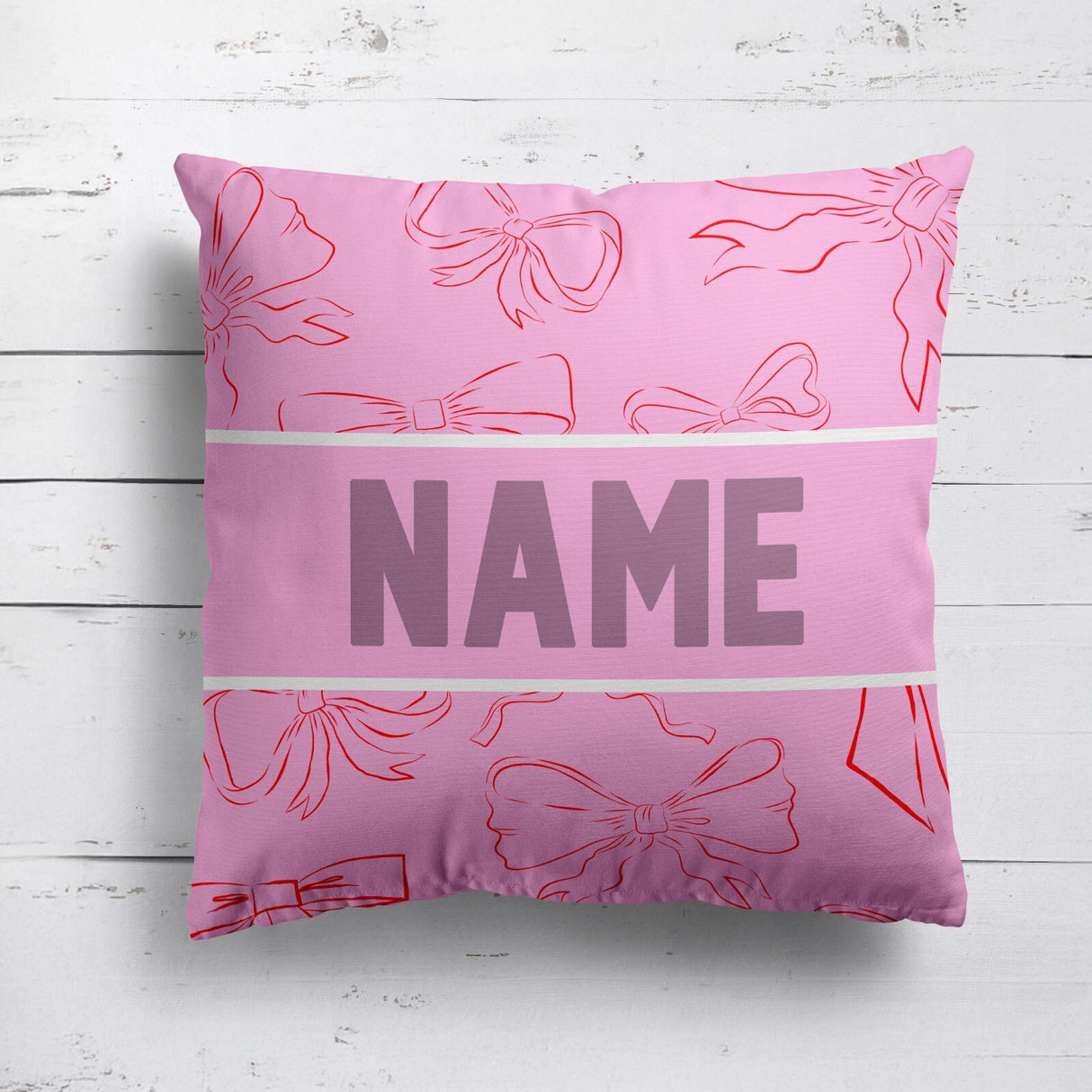 Personalised Name Coloured Pink Bows Printed Square Fillled Zipped Cushion Throw