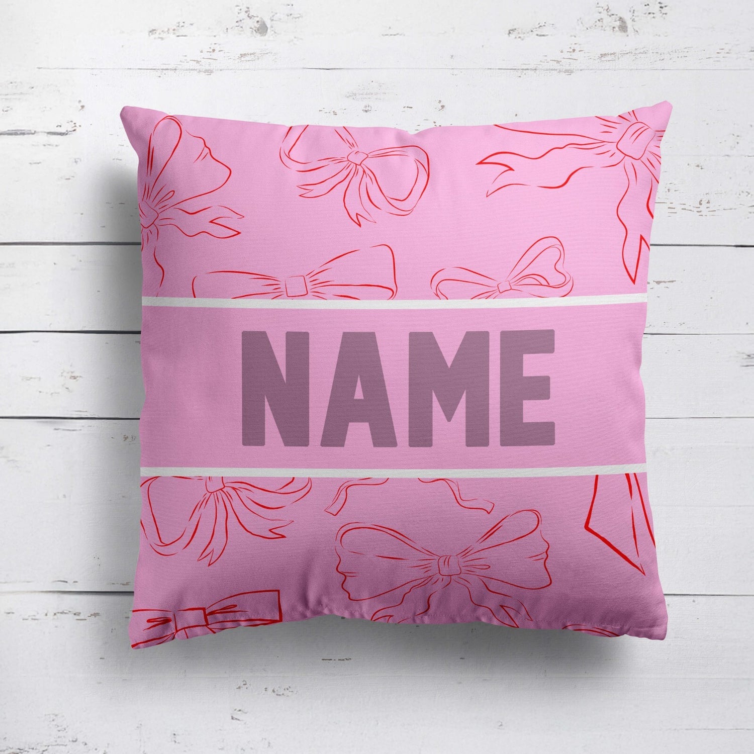 Personalised Name Coloured Pink Bows Printed Square Fillled Zipped Cushion Throw