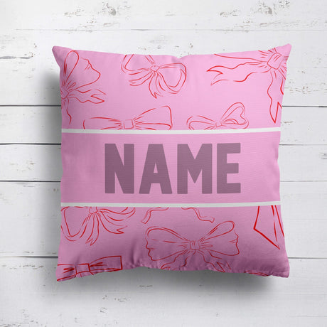 Personalised Name Coloured Pink Bows Printed Square Fillled Zipped Cushion Throw