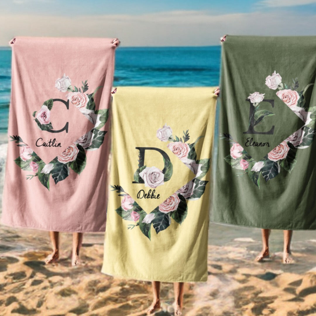 Personalised Name Botanical Floral Initial Soft Absorbent Beach Bath Sheet Towel