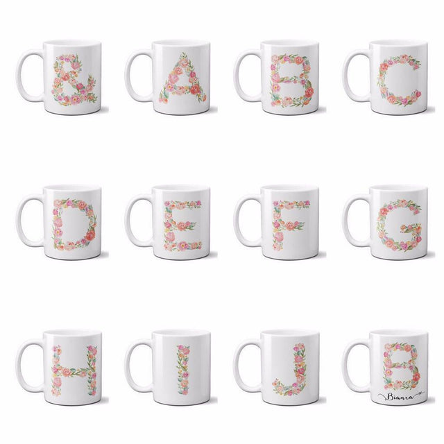 Personalised Alphabet Floral Name Initial Letter Coffee Mug Gift 11oz Ceramic