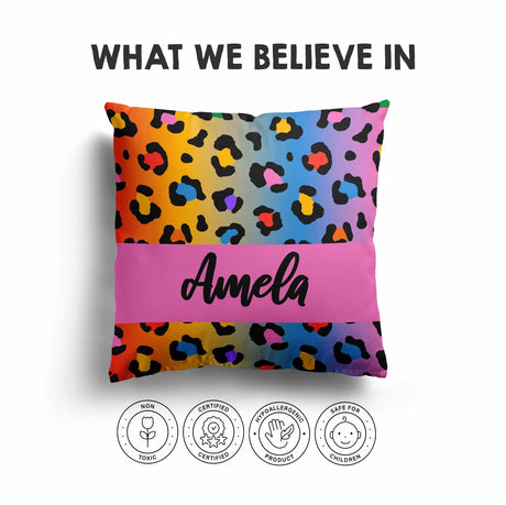 Personalised Name Leopard Spots Print Multicolour Square Fill Zip Cushion Throw