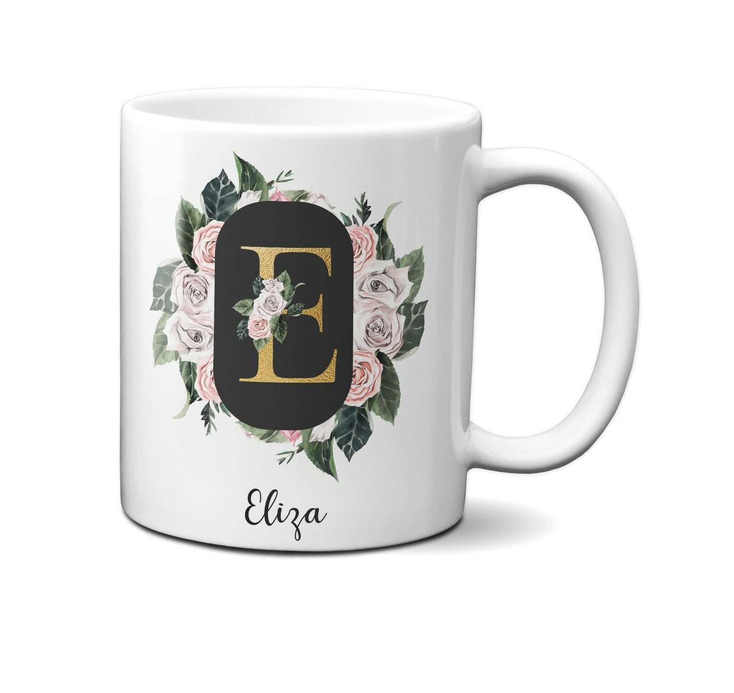 Personalised Floral Frame Gold Floral Name Initial Letter Mug Gift 11oz Ceramic
