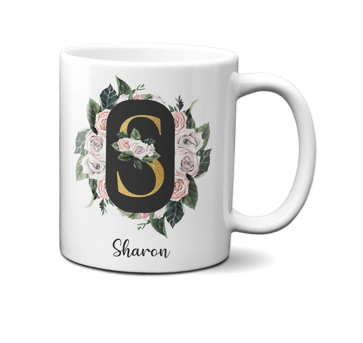 Personalised Floral Frame Gold Floral Name Initial Letter Mug Gift 11oz Ceramic