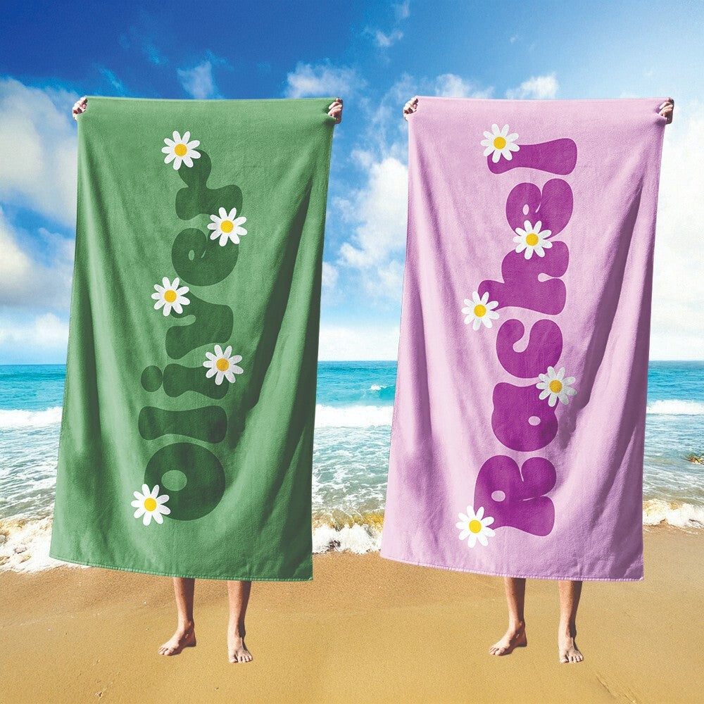 Personalised Custom Name Groovy Daisy Font Soft Absorbent Beach Bath Sheet Towel