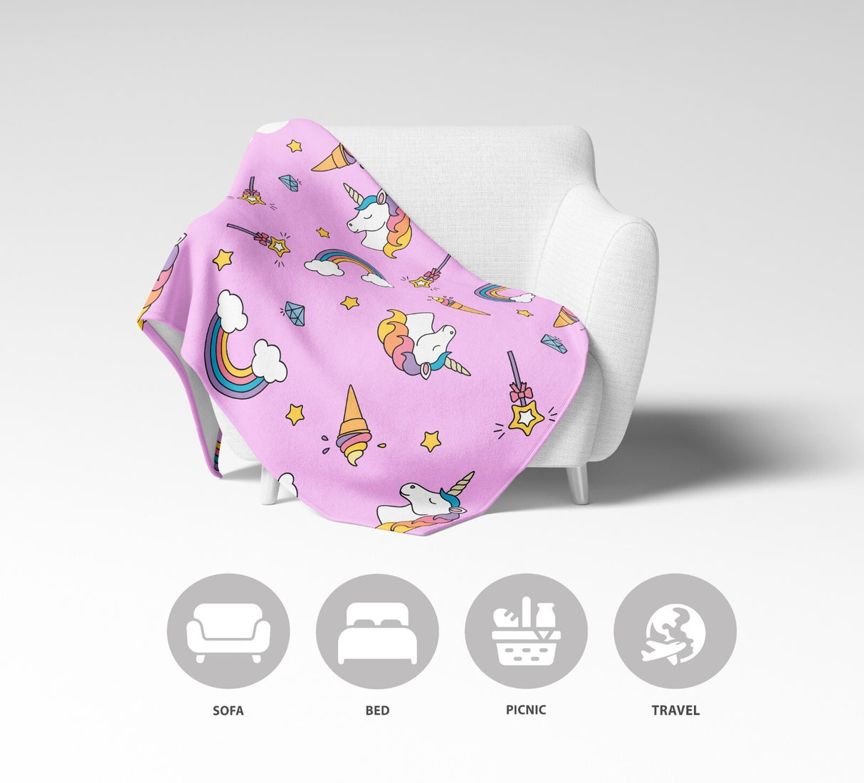 Personalised Custom Name Colour Unicorn Ice Cream Soft Warm Fleece Blanket Decor