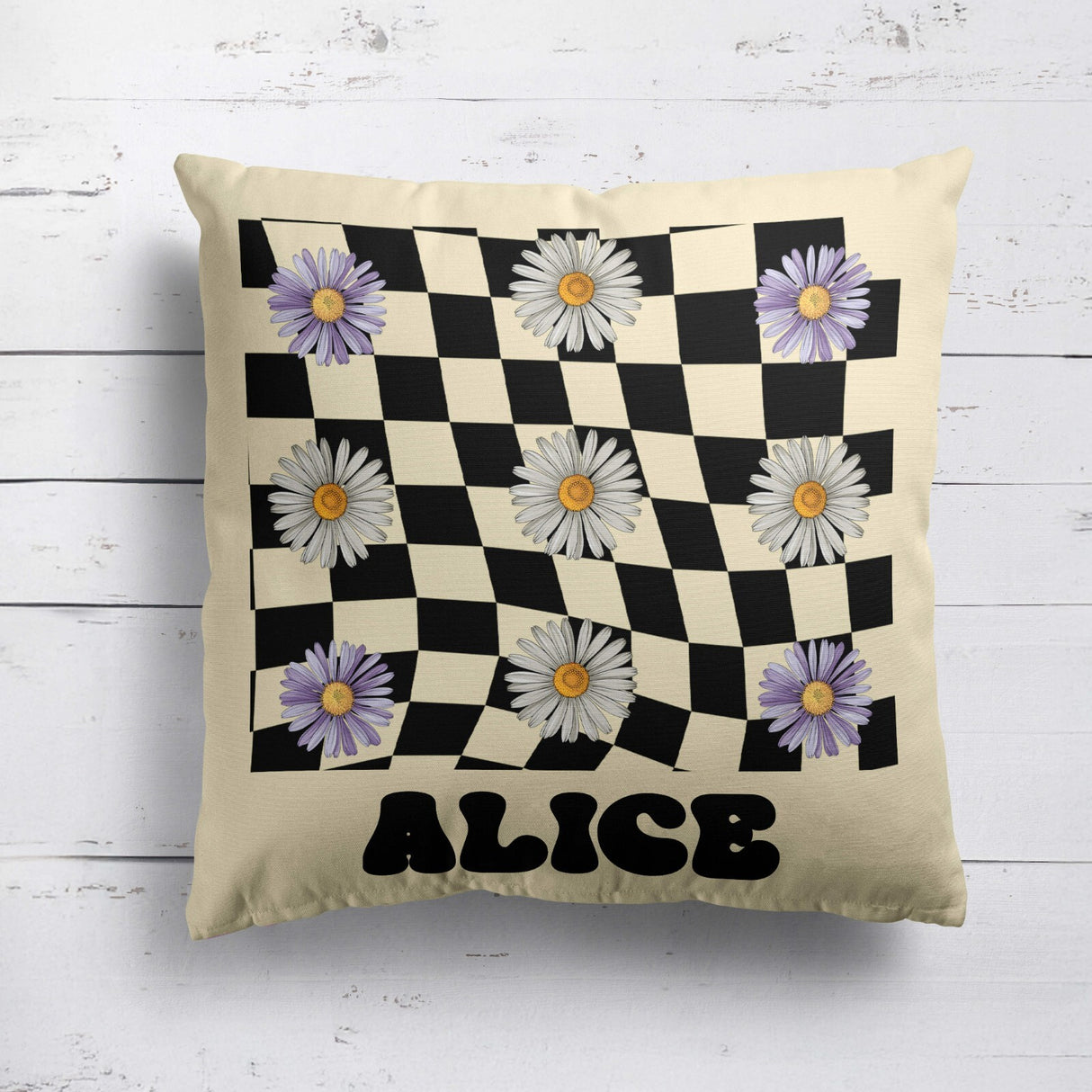 Personalised Custom Name Colour Retro Daisy Check Square Fill Zip Cushion Throw