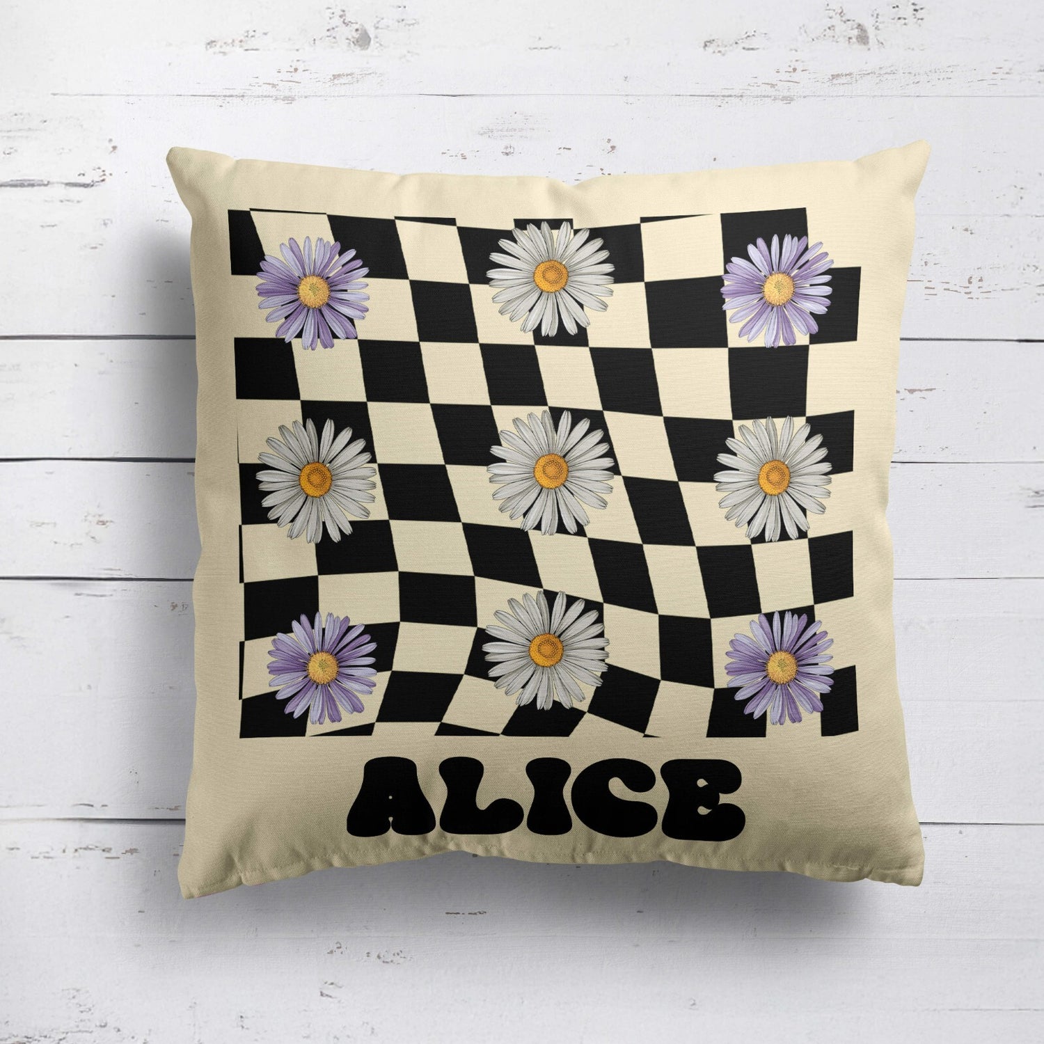 Personalised Custom Name Colour Retro Daisy Check Square Fill Zip Cushion Throw
