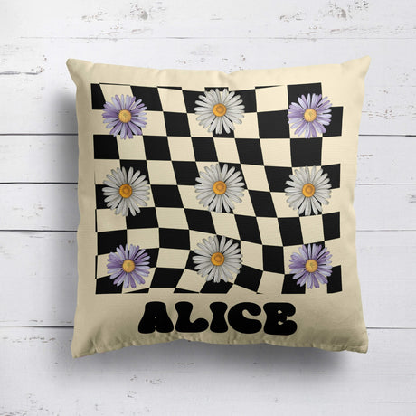 Personalised Custom Name Colour Retro Daisy Check Square Fill Zip Cushion Throw