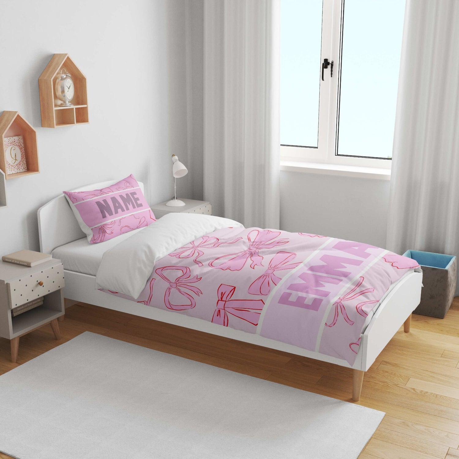 Personalised Name Coloured Pink Bows Kids Cot Bed Duvet Cover + Pillowcase