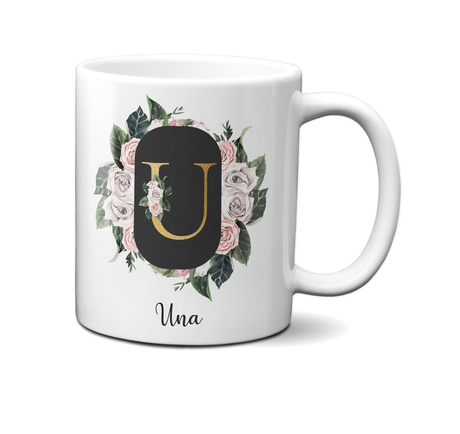 Personalised Floral Frame Gold Floral Name Initial Letter Mug Gift 11oz Ceramic