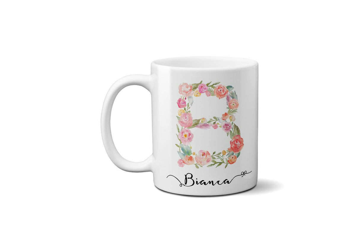 Personalised Alphabet Floral Name Initial Letter Coffee Mug Gift 11oz Ceramic