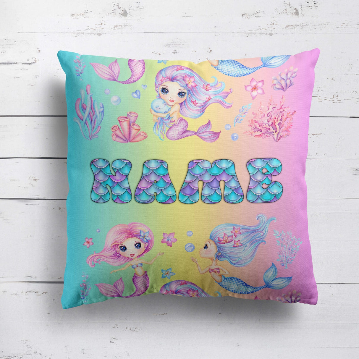 Personalised Name Mermaids + Jellyfish Mythical Square Fill Zipped Cushion Throw