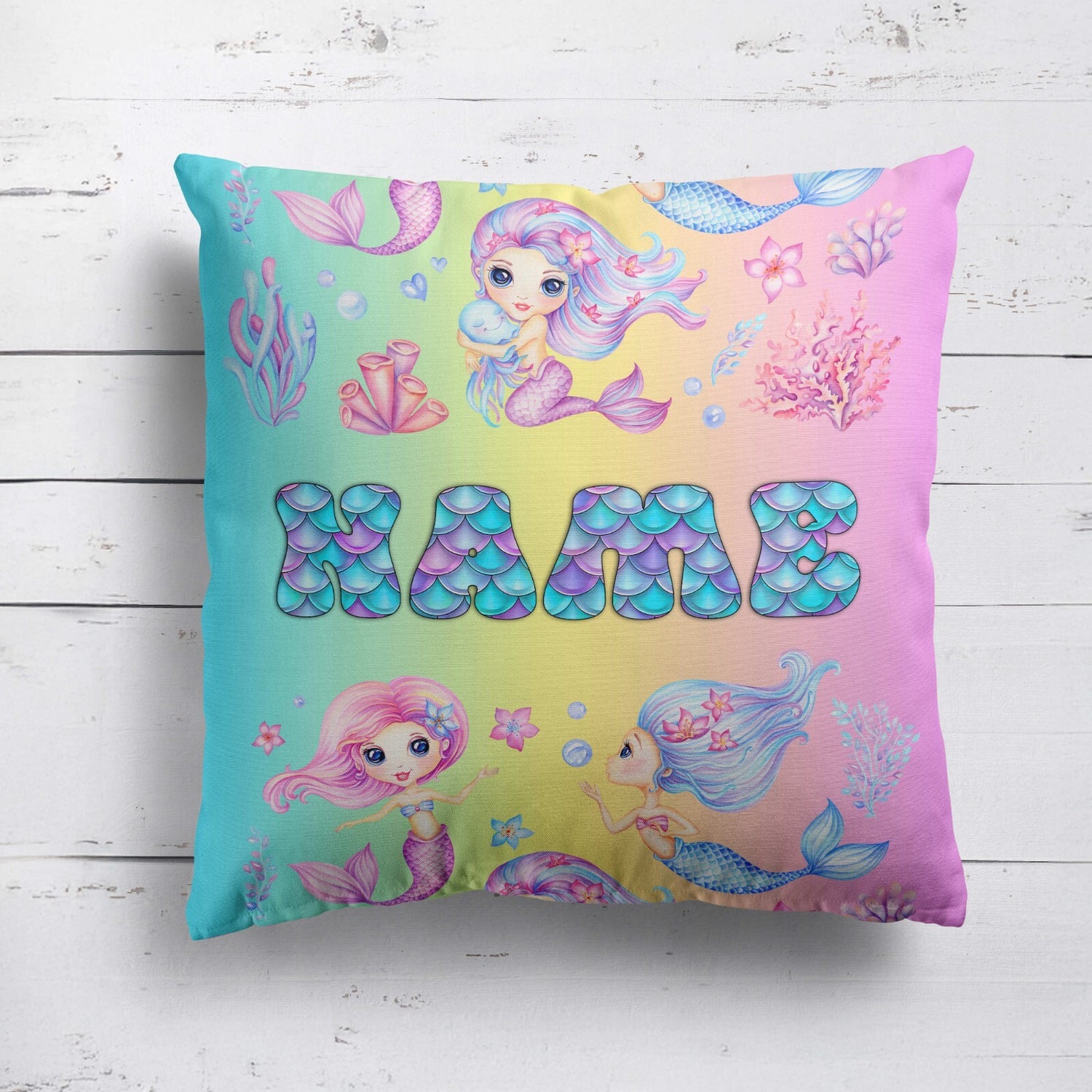 Personalised Name Mermaids + Jellyfish Mythical Square Fill Zipped Cushion Throw