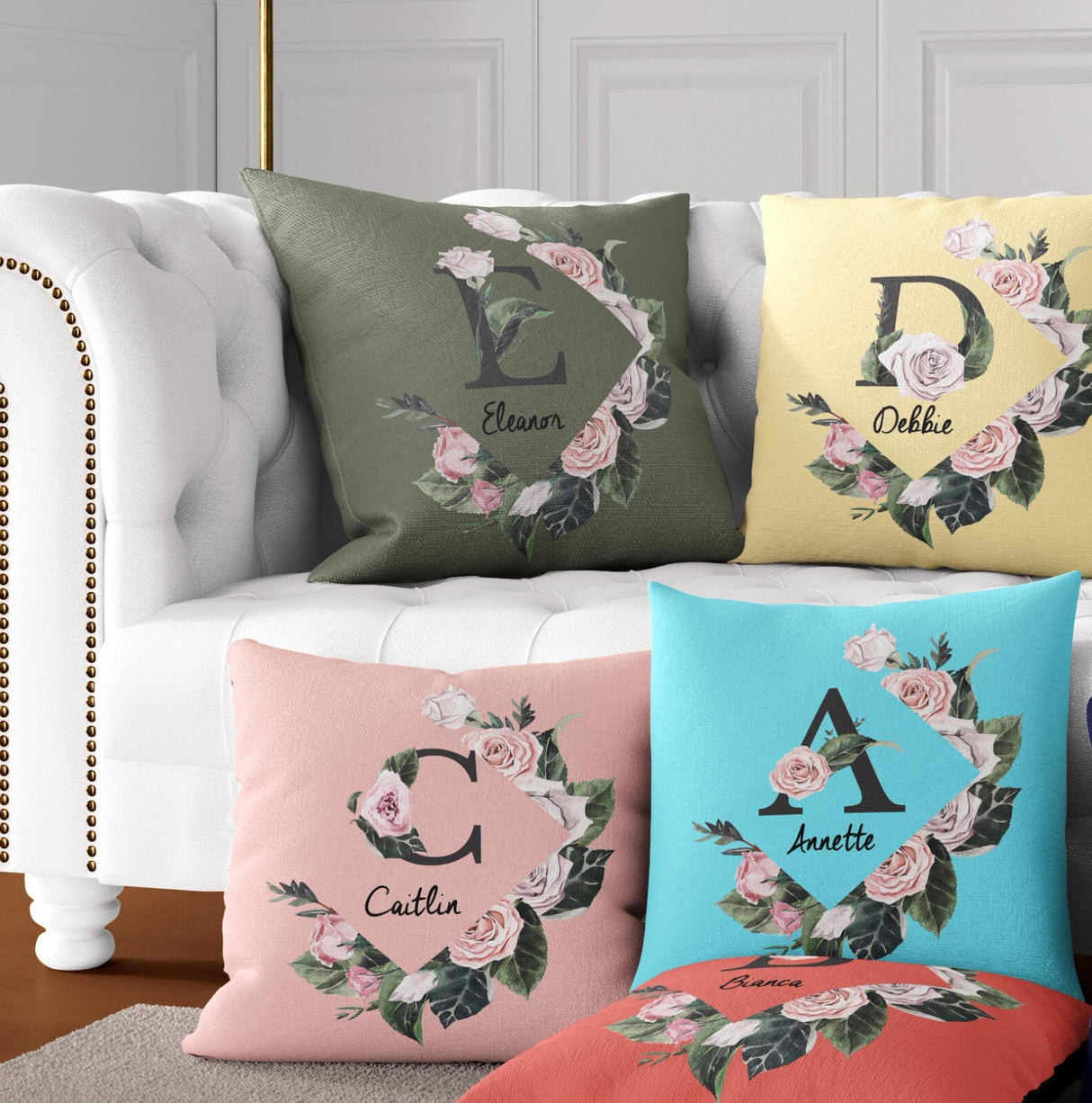 Personalised Name Botanical Floral Initial Letters Square Fill Zip Cushion Throw