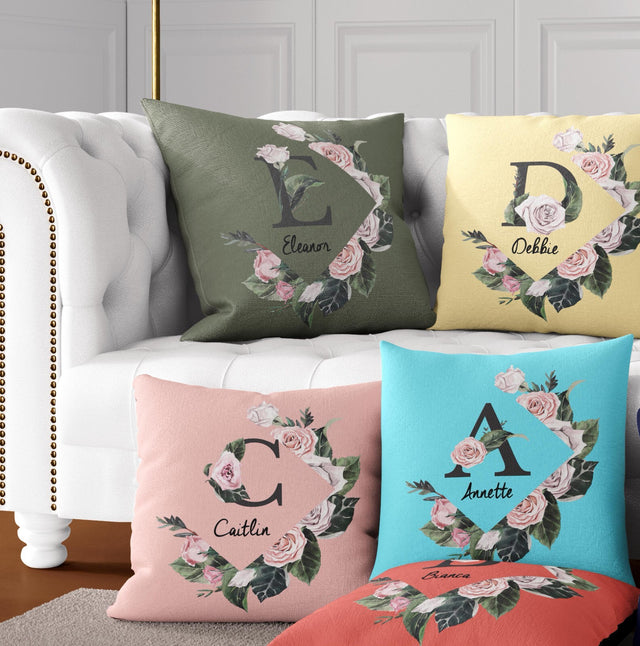 Personalised Name Botanical Floral Initial Letters Square Fill Zip Cushion Throw