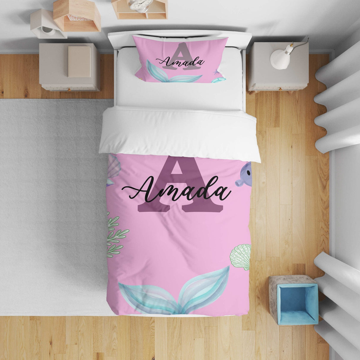 Personalised Name Mermaid Tail Monogram Font Cot Bed Duvet Cover + Pillowcase