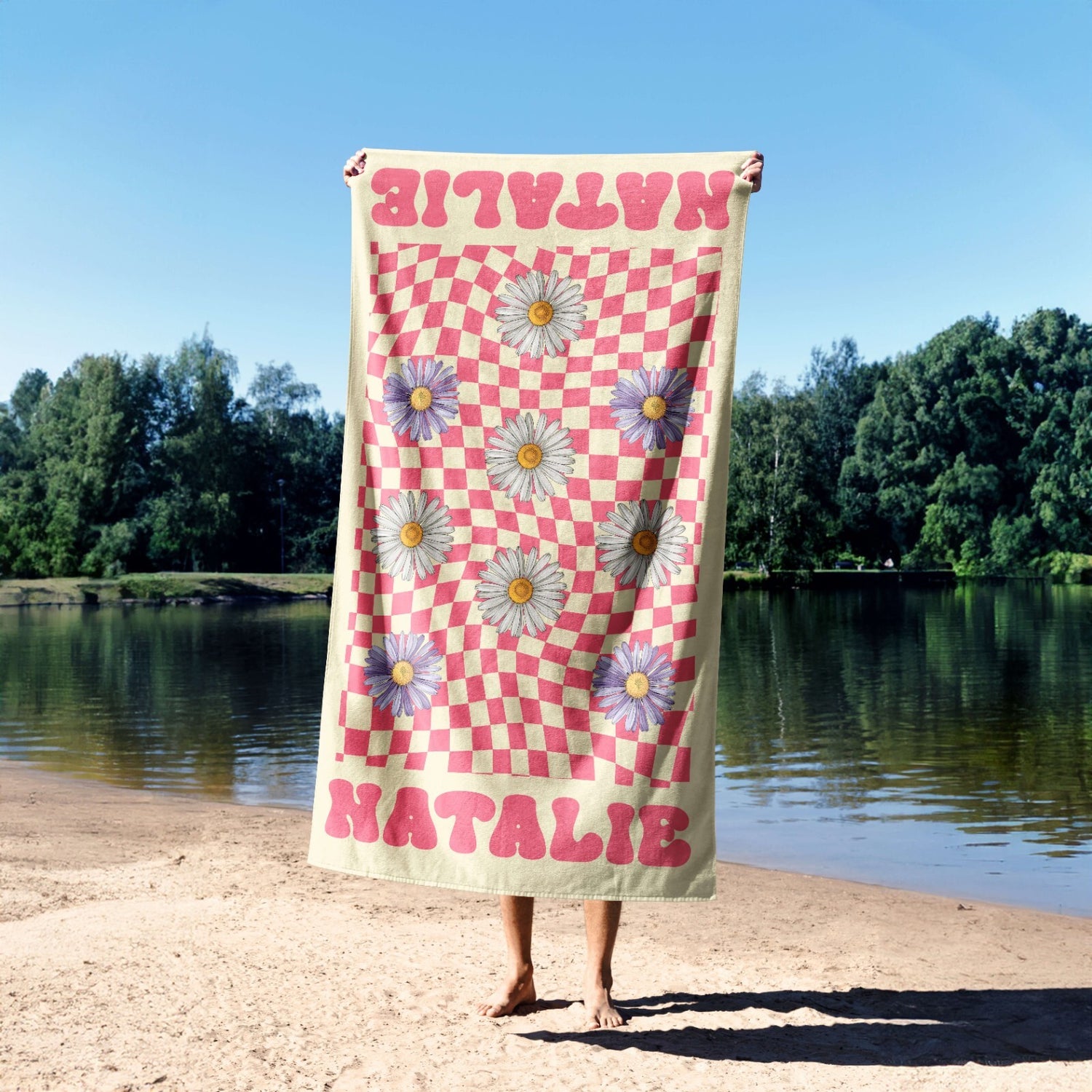 Personalised Custom Name Retro Daisy Check Soft Absorbent Beach Bath Sheet Towel