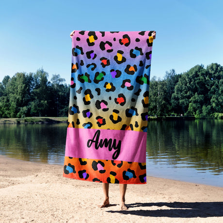 Personalised Name Leopard Print Multi Spot Soft Absorbent Beach Bath Sheet Towel