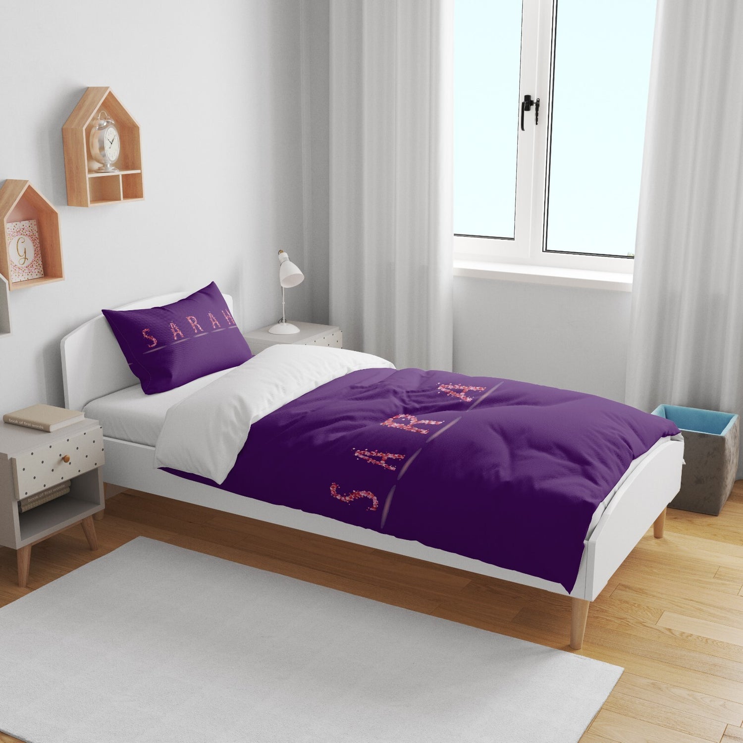 Personalised Name Pink Rose Petals Font Kids Cot Bed Duvet Cover + Pillowcase