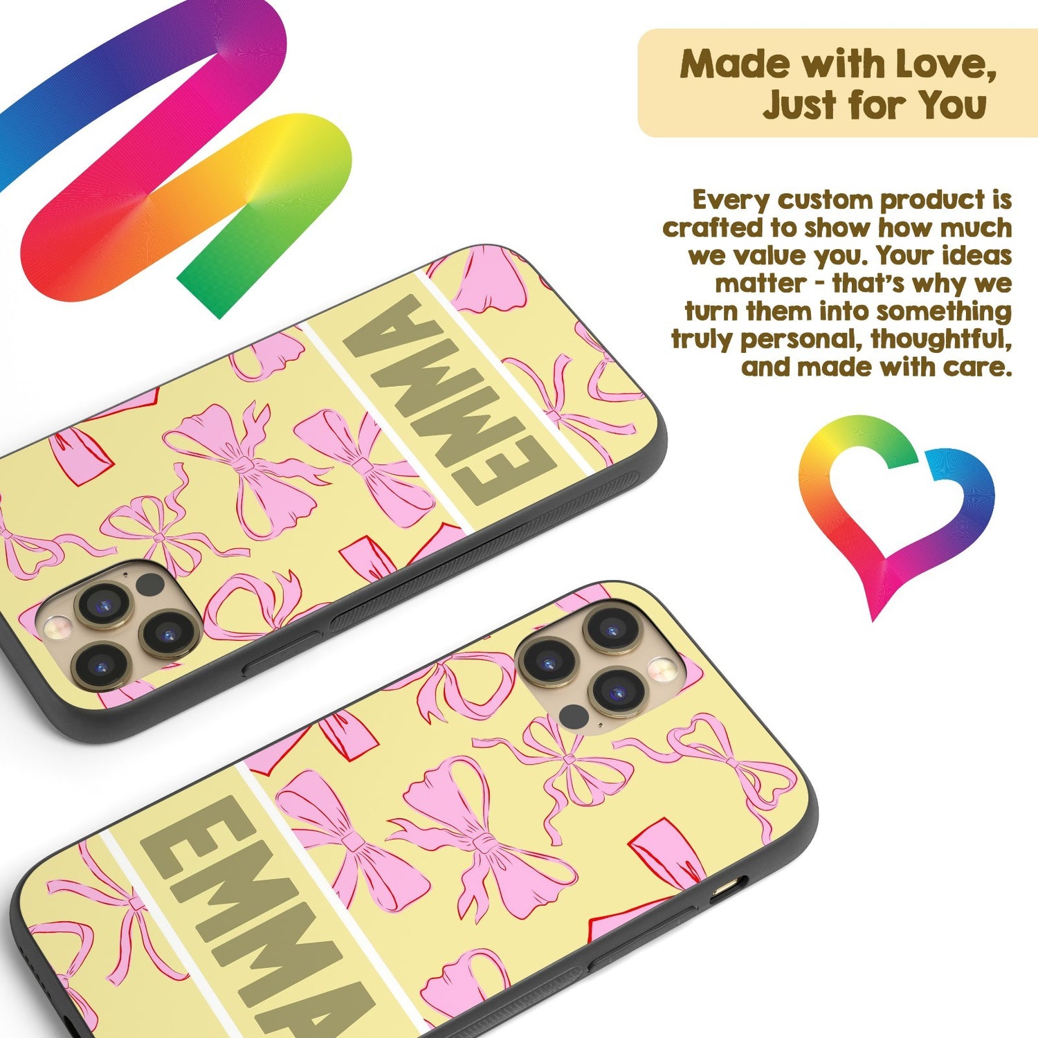 Pink Bows Name Cute Girl Personalised Custom - Printed iPhone Black Case Cover