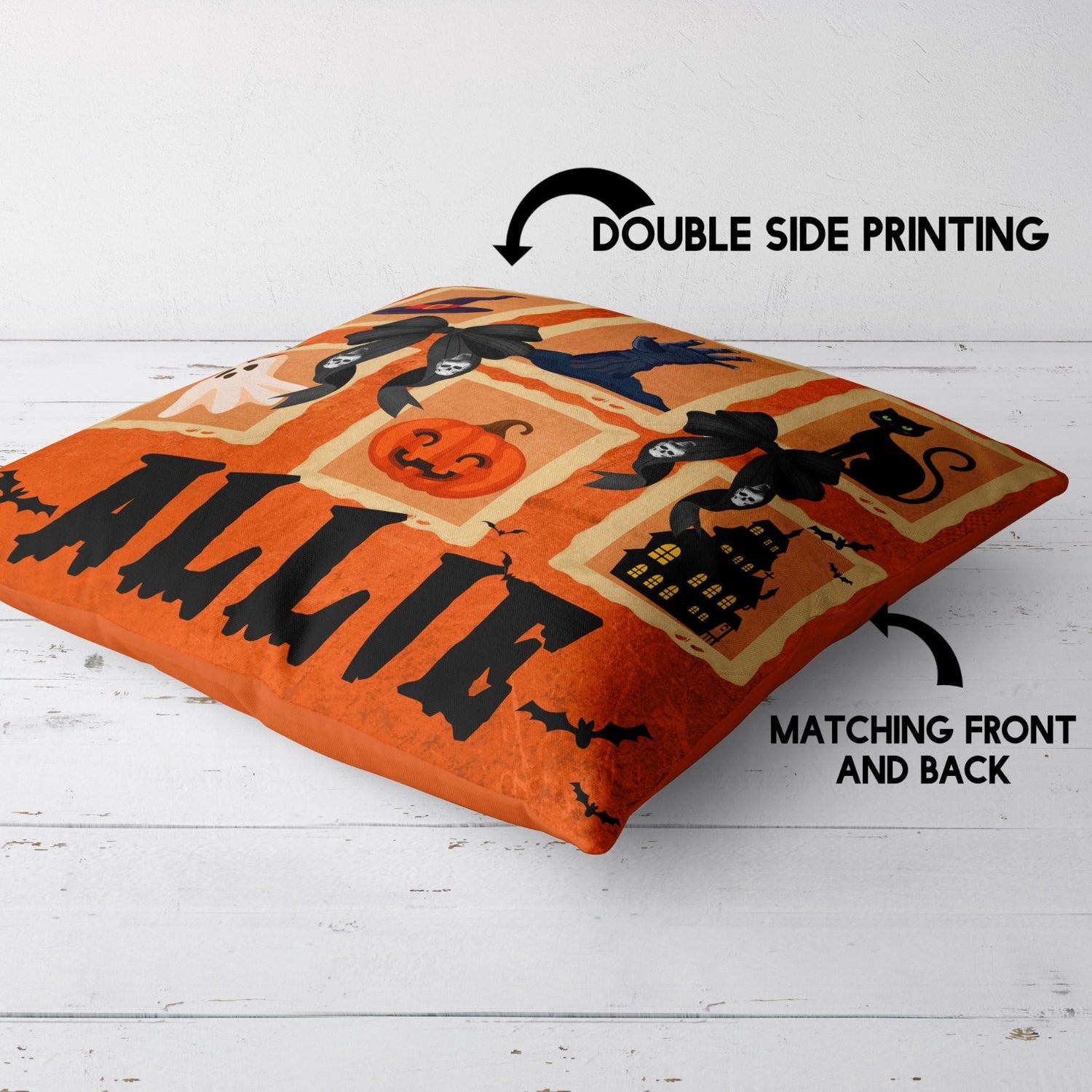 Halloween Spooky Personalised Name Printed Square Fillled Zipped Cushion Throw