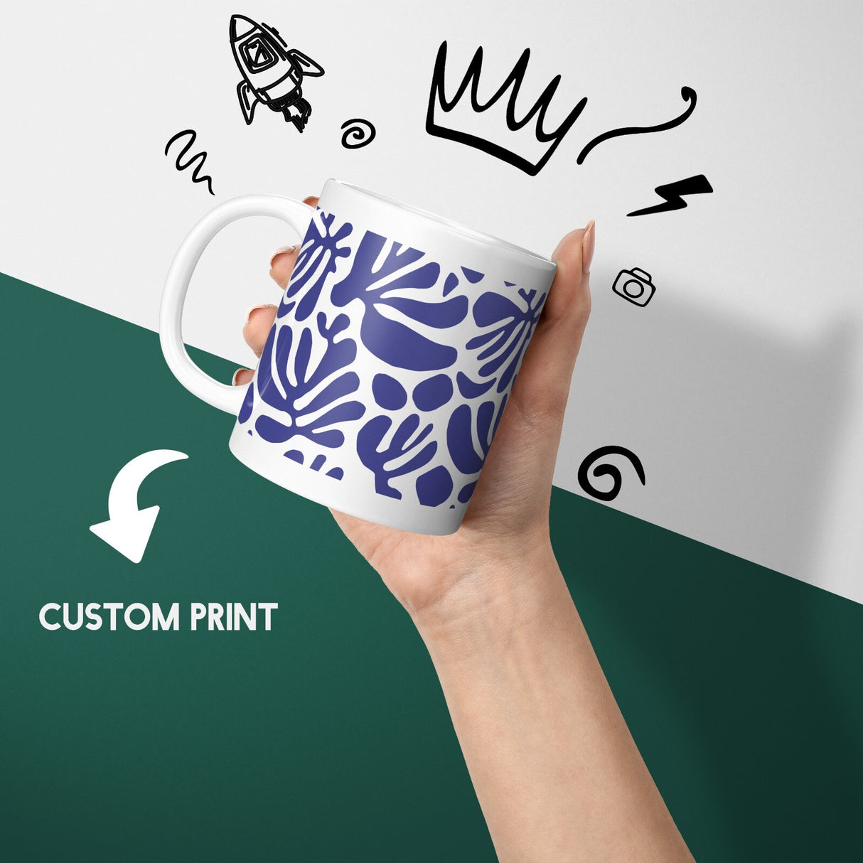 Blue Matisse Leaves Art Coffee Custom Tea Mug Coaster Set Option Gift Him Her