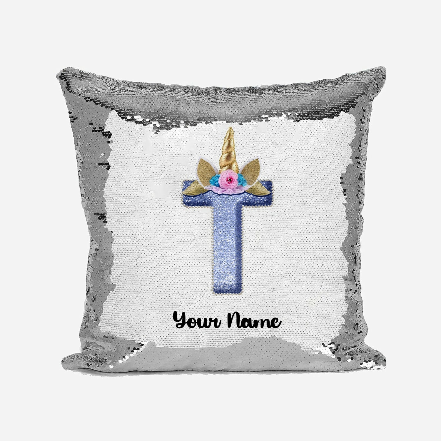 Personalised Unicorn Sparkly Monogram Alphabet Sequin Magic Cushion Cover+Pillow