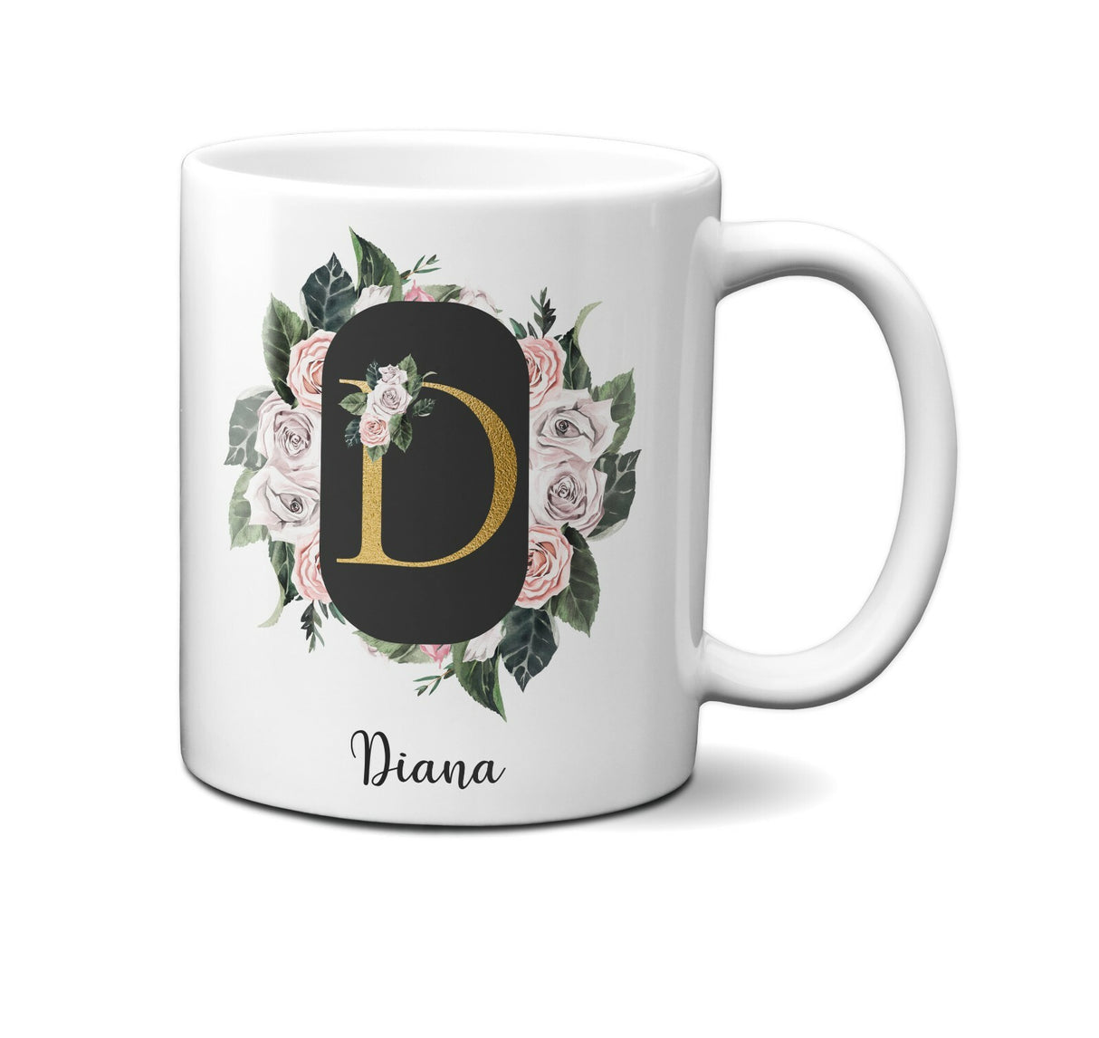 Personalised Floral Frame Gold Floral Name Initial Letter Mug Gift 11oz Ceramic