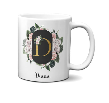 Personalised Floral Frame Gold Floral Name Initial Letter Mug Gift 11oz Ceramic