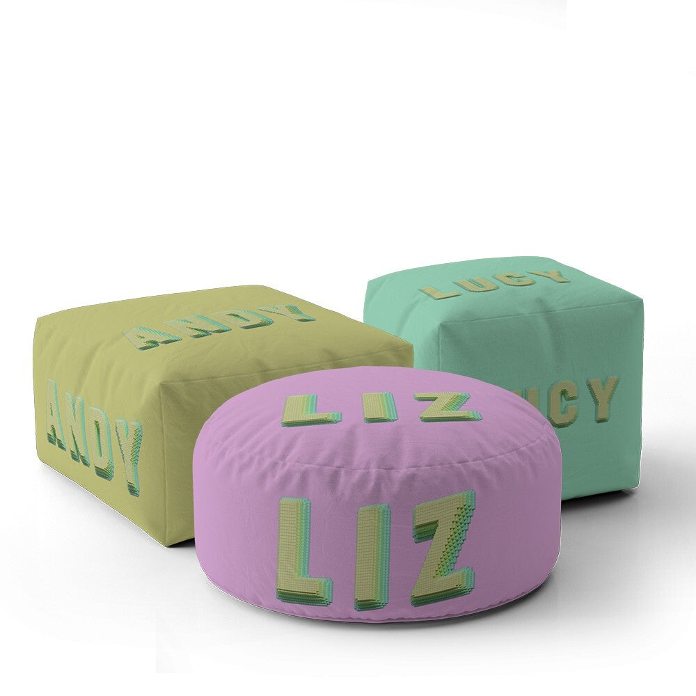 Personalised Name Bold Pixel 3D Any Colour Ottoman Filled Pouffe Washable Cover